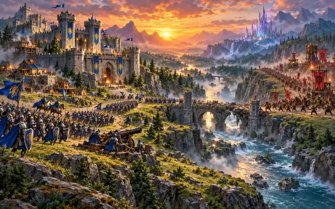 Blue-bannered armies defend a stone stronghold against an approaching horde across a river