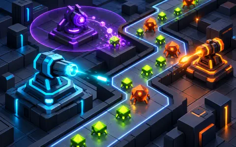 Cyan, violet and orange defense towers fire at waves of enemies along a winding neon path